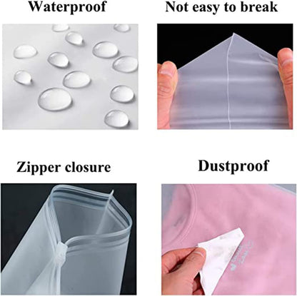 Travel-ready: Frosted zipper bags packed in a suitcase, keeping garments neat & protected.