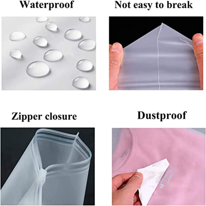Travel-ready: Frosted zipper bags packed in a suitcase, keeping garments neat & protected.
