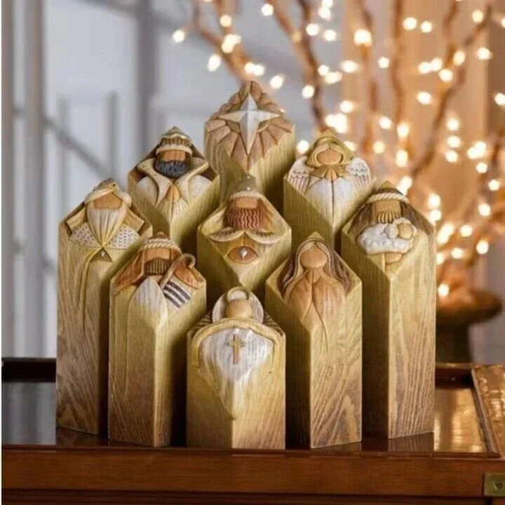 Full 9-piece Christmas Nativity Scene set with pillar figurines, perfect for religious holiday decor and spiritual display.