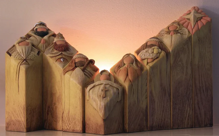 Complete Christmas Nativity Scene with 9 pillar figurines, creating a beautiful holiday display and spiritual decor.