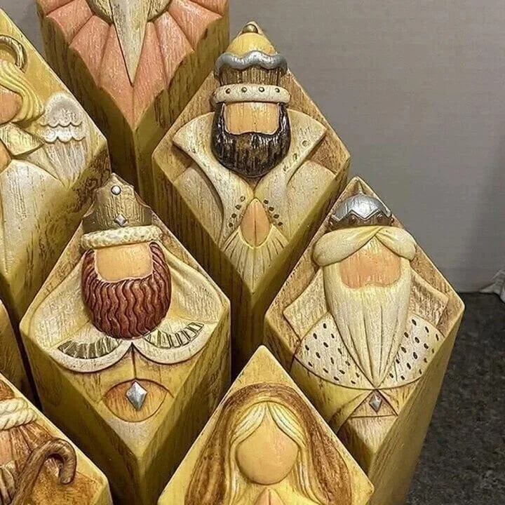 Set of 9 Heaven Nativity Tree Pillar Statues, depicting the sacred Christmas scene for meaningful religious decor.
