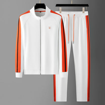 Model showcasing the full men's Riviera track suit, emphasizing its stylish design & comfortable fit.