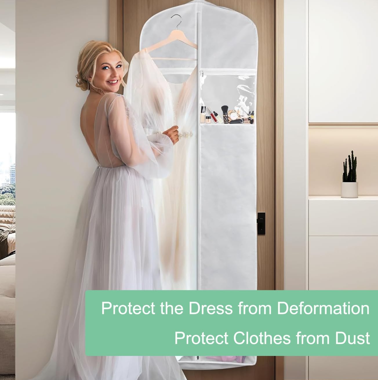 Organize your closet with this large wedding dress garment bag, ensuring gown preservation & dustproof home organization.