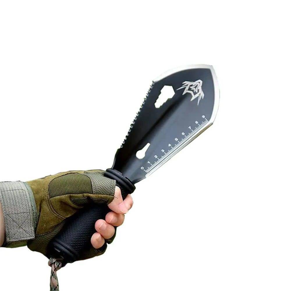 Compact stainless steel camping shovel with hex wrench & ruler for survival gear