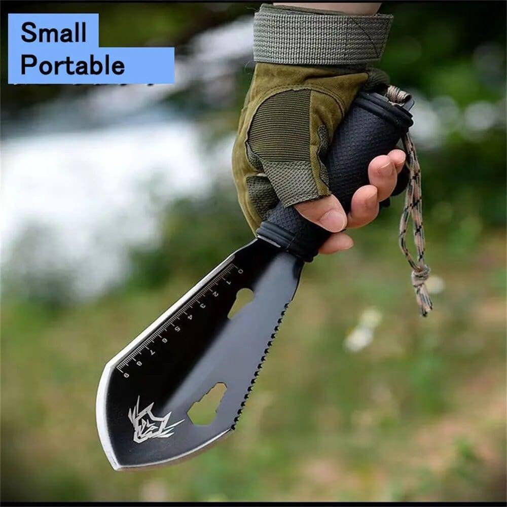 Adventure-ready outdoor multi-tool: stainless steel shovel, ruler, and knife set