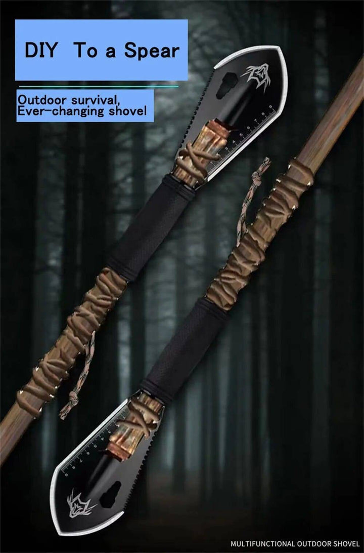 Ergonomic handle of a stainless steel survival shovel, ideal for gardening & camping
