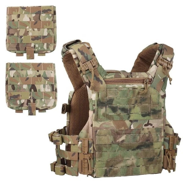 Tactical vest displayed flat, highlighting its full MOLLE system coverage and adjustable features