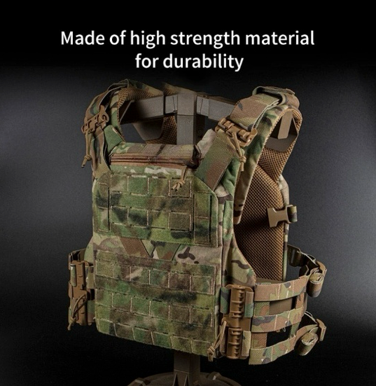 Robust tactical gear: a black MOLLE combat vest with plate carrier functionality shown from front