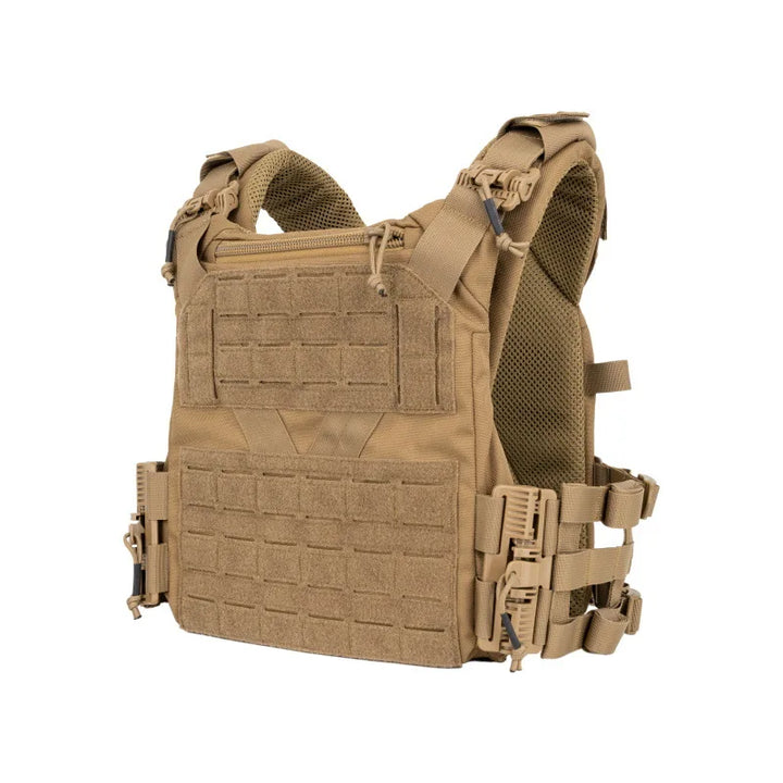 Military-style MOLLE vest in a desert tan color, ideal for airsoft and paintball