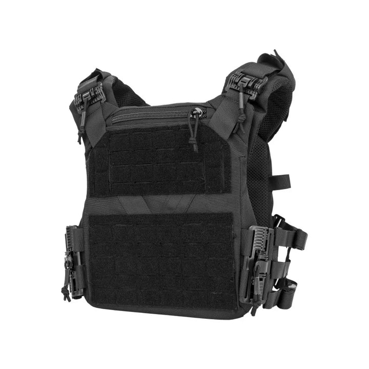 Breathable tactical plate carrier vest featuring multiple MOLLE webbing attachments