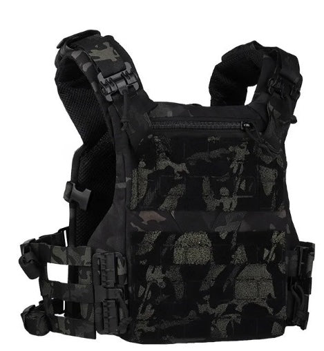 Side view of a tactical vest, showcasing its adjustable straps and ample MOLLE space