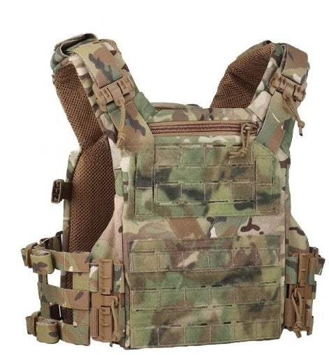 Back of the MOLLE plate carrier vest with integrated drag handle and customizable webbing
