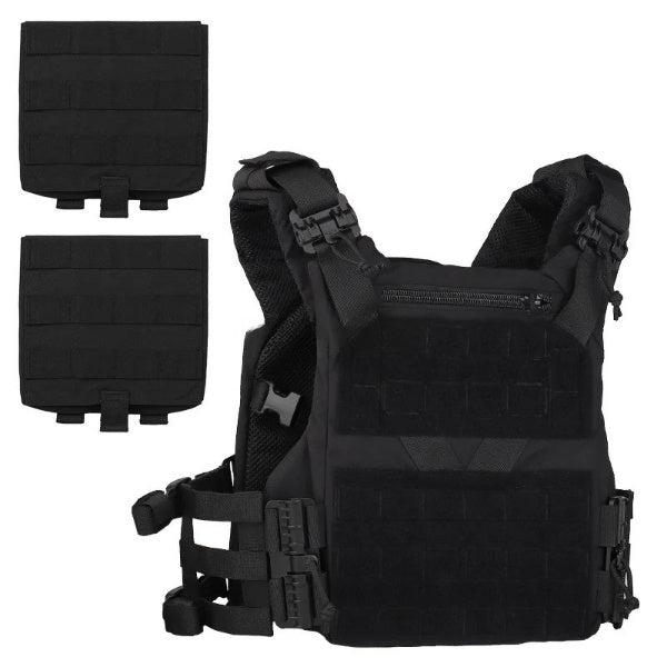 An airsoft player wearing the adjustable MOLLE vest in an outdoor skirmish scenario