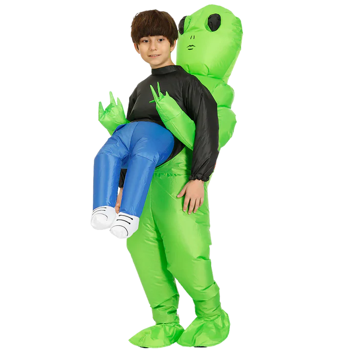 Funny inflatable alien abduction costume, perfect for Halloween parties or cosplay, creating a hilarious visual.