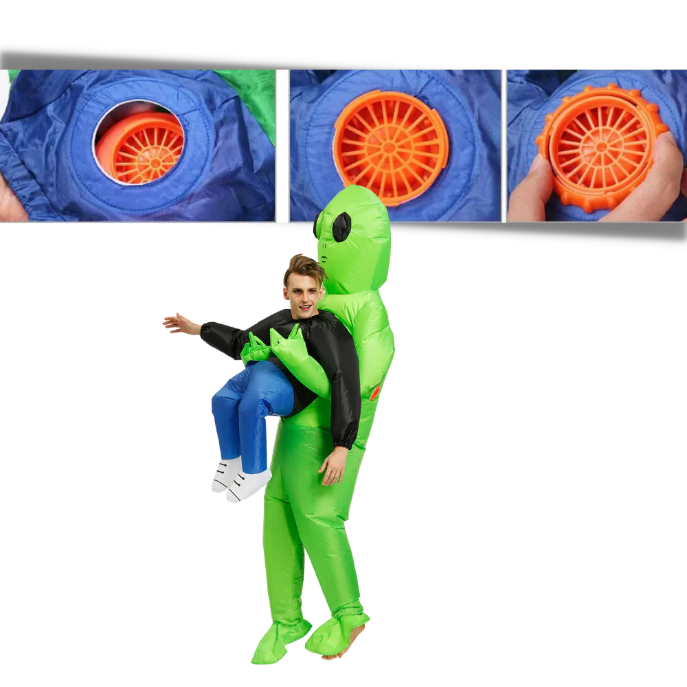 Hilarious inflatable costume depicting a human being 'abducted' by a green alien, ideal for Halloween fun.