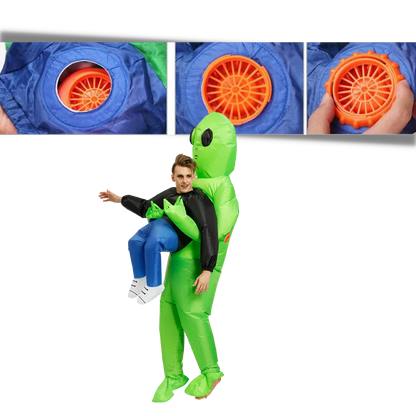 Hilarious inflatable costume depicting a human being 'abducted' by a green alien, ideal for Halloween fun.