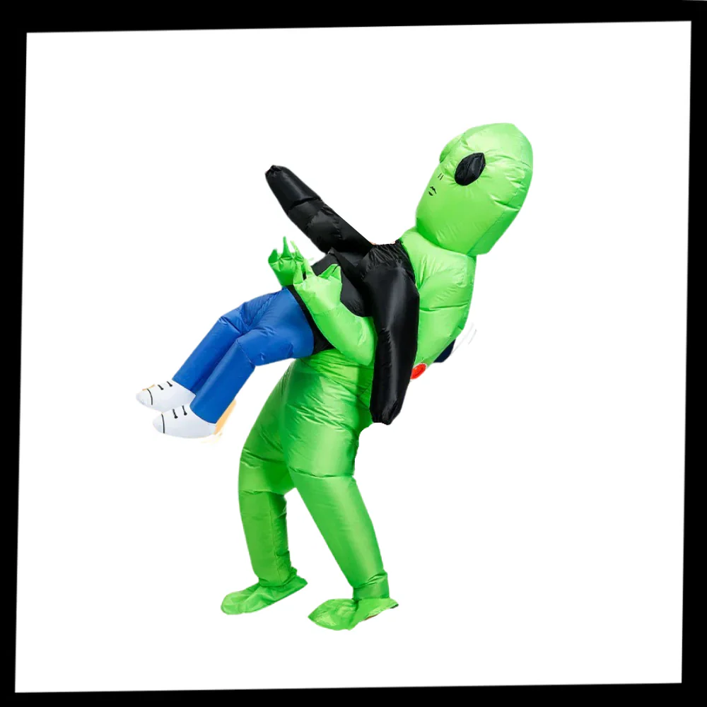 Comical inflatable alien costume with a 'human' rider, perfect for a funny Halloween party or family cosplay.