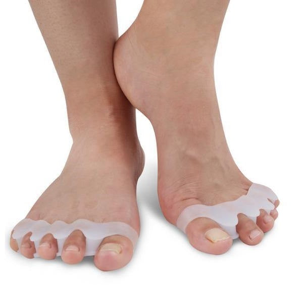 Gentle toe corrector & separator for bunion relief. Soft silicone aligns toes, reducing foot pain & improving posture.