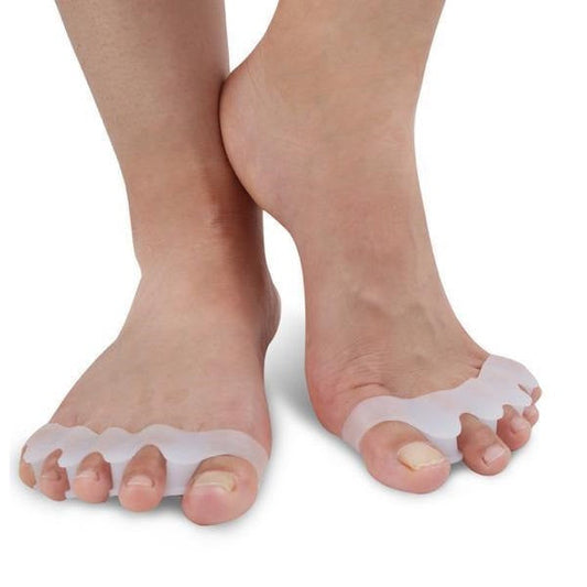 Gentle toe corrector & separator for bunion relief. Soft silicone aligns toes, reducing foot pain & improving posture.