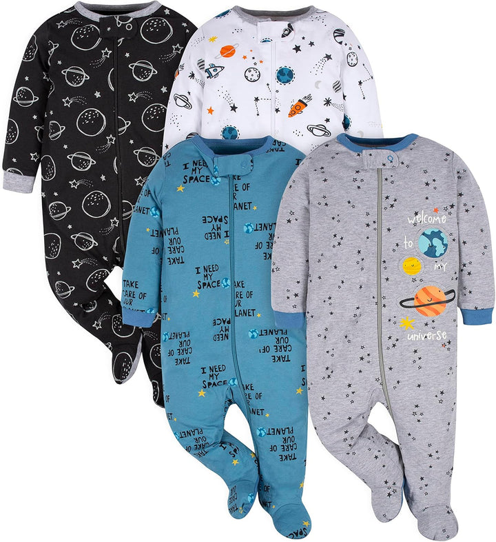 Soft cotton baby boy sleepsuit, footed for warmth. Perfect newborn to toddler pajamas for cozy sleep.