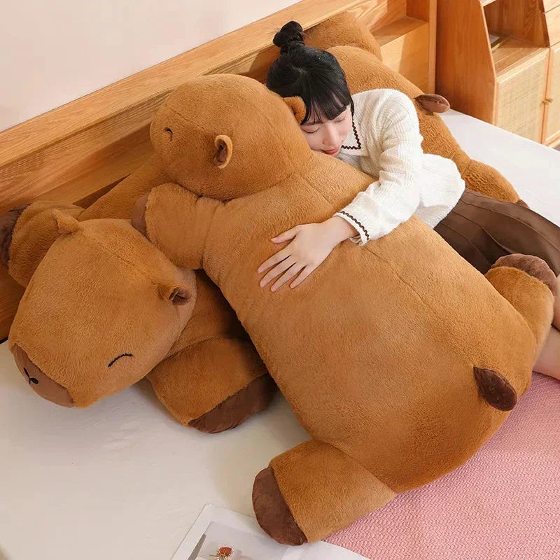 Detailed brown giant capybara plushie, friendly face, a soft cuddly animal snuggle toy.