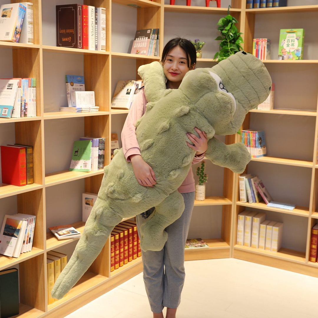 Giant green crocodile plush, super soft & cuddly comfort toy. Perfect unisex body pillow or unique bedroom decor.