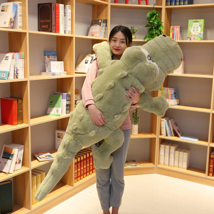 Giant green crocodile plush, super soft & cuddly comfort toy. Perfect unisex body pillow or unique bedroom decor.