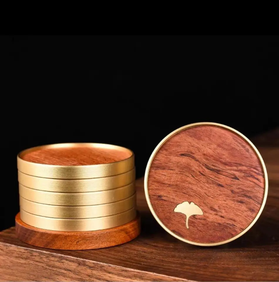 Ginkgo Leaf Wooden Coaster Set in natural wood, showcasing intricate ginkgo designs for elegant table protection.