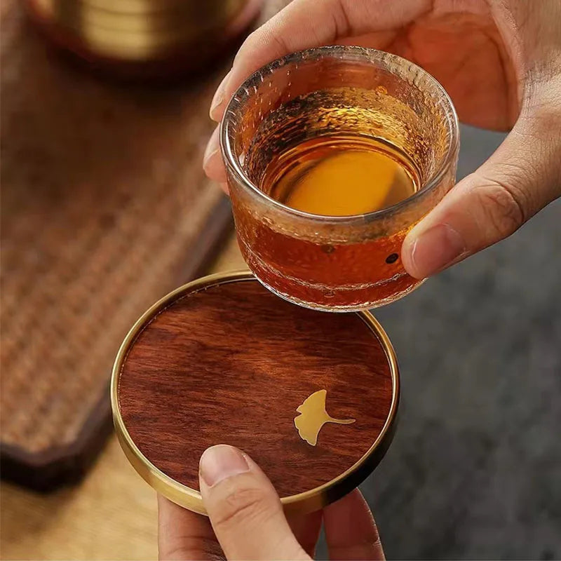 Luxury ginkgo wooden coaster set; artisan home decor for stylish drinkware protection and unique kitchen accents.