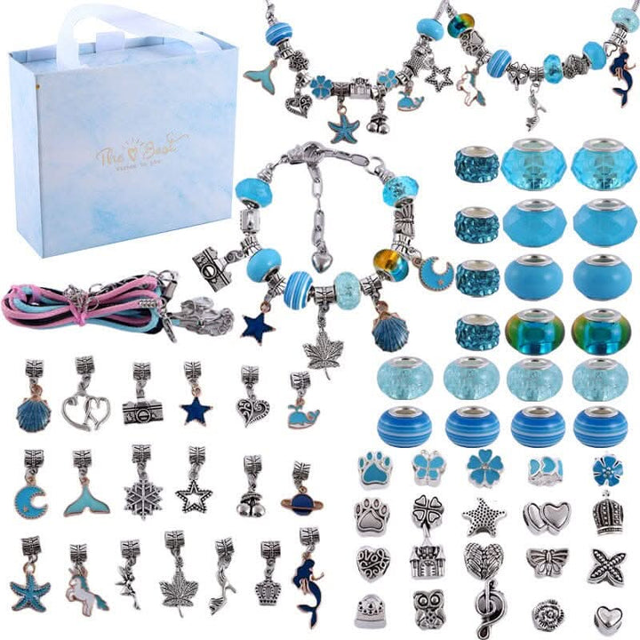 Bracelet creation set for girls, featuring a selection of sparkling charms and colorful strings.