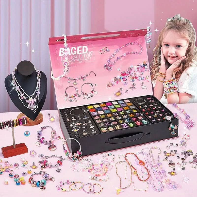 Girls' fine motor skill activity: DIY bracelet kit with sparkling charms for crafting fun.