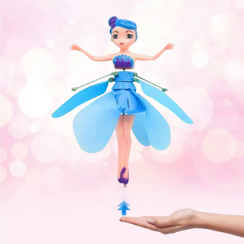 Close-up of the Girls' Flying Princess Toy drone in flight, showing vibrant LED lights and dress.