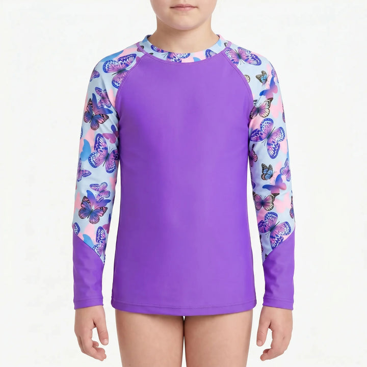 Girls' long-sleeve rash guard for ultimate sun protection & stylish beachwear, great for active play.
