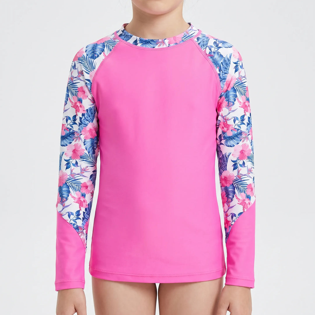 Childrens long-sleeve rash guard, durable swimwear for sun protection during pool or beach activities.
