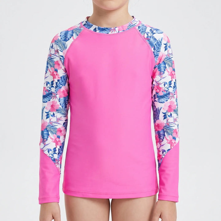 Childrens long-sleeve rash guard, durable swimwear for sun protection during pool or beach activities.