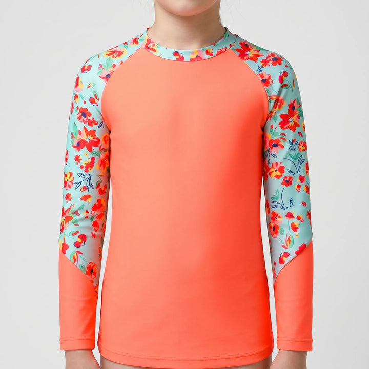 Girls' long-sleeve swim top rash guard, essential kids beachwear for sun safety & water sports.