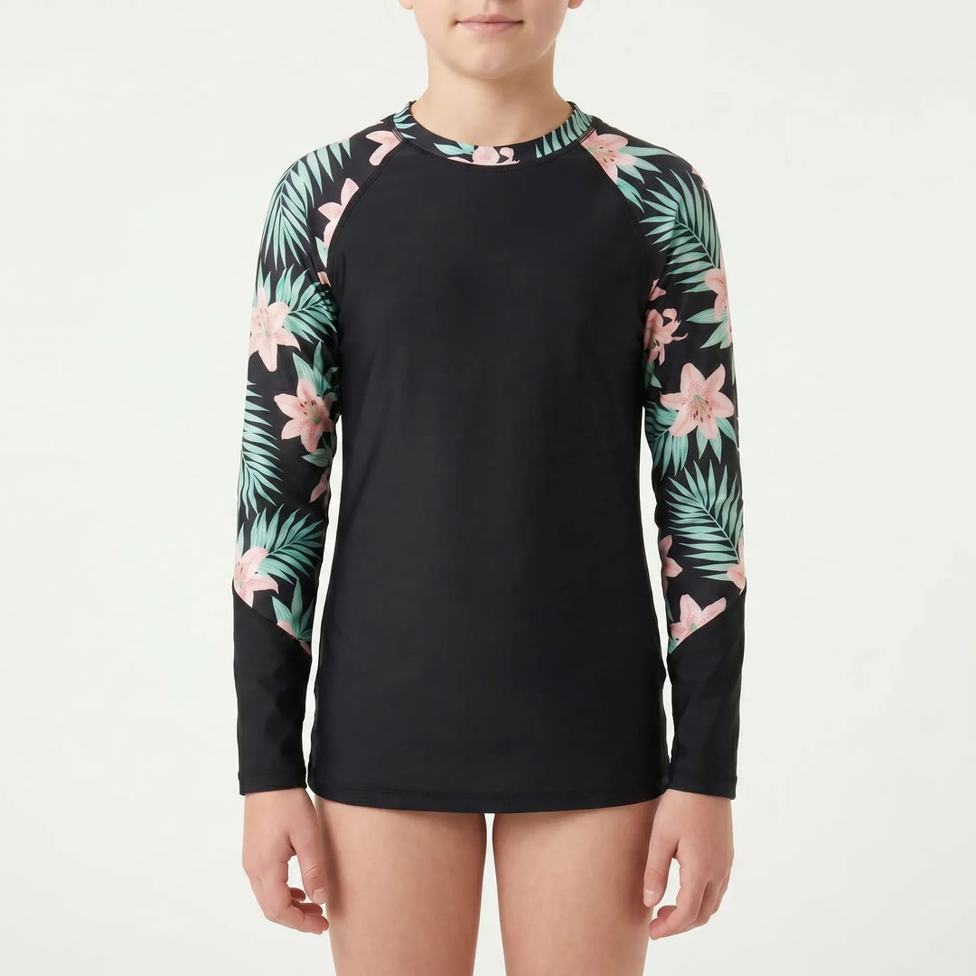 Active girls' long-sleeve rash guard, provides sun protection & comfort for all water activities.