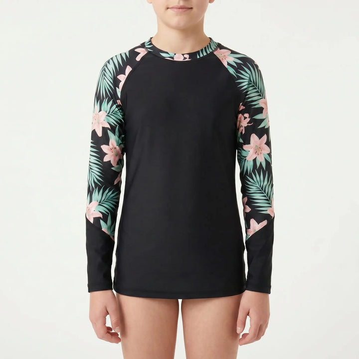 Active girls' long-sleeve rash guard, provides sun protection & comfort for all water activities.