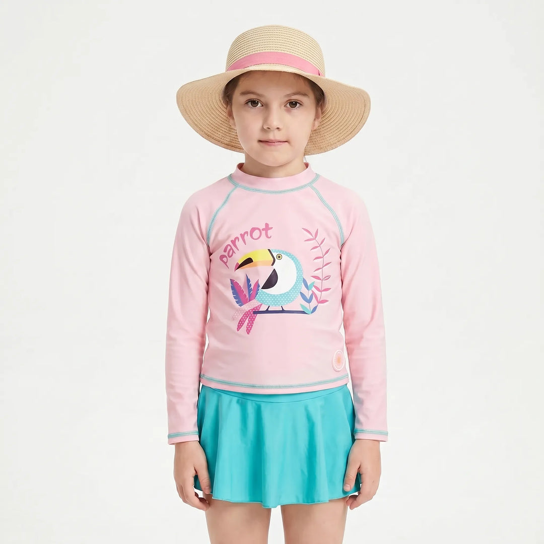 Toddler girls' long-sleeve rash guard set, includes ruffled bottoms & a sun hat for ultimate sun protection.