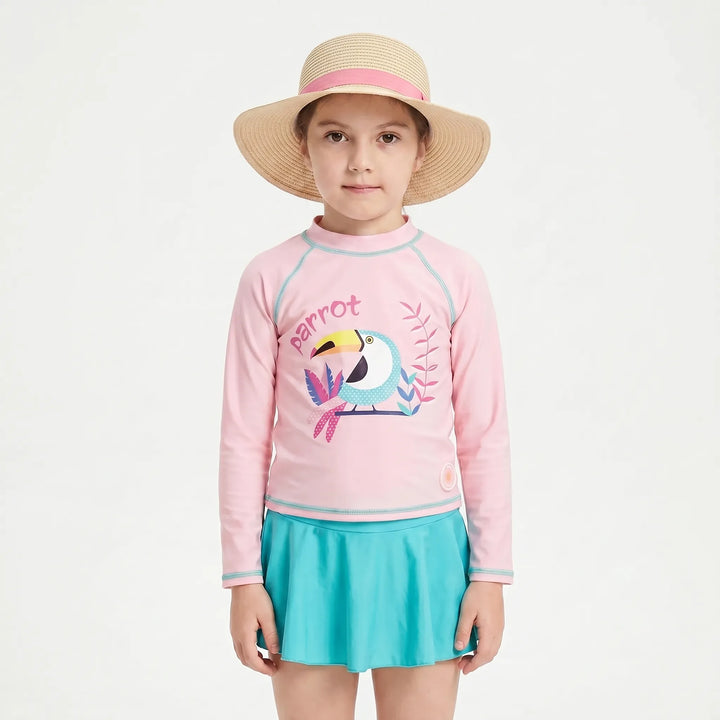 Toddler girls' long-sleeve rash guard set, includes ruffled bottoms & a sun hat for ultimate sun protection.