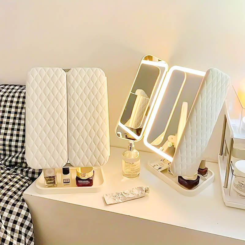 Glamlit trifold LED vanity mirror, a lighted makeup mirror with portable design for beauty and grooming needs.