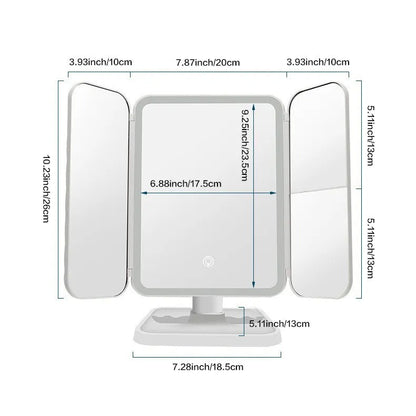 Elegant Glamlit trifold LED vanity mirror for perfect makeup. Features bright lights, adjustable panels, and portable design.
