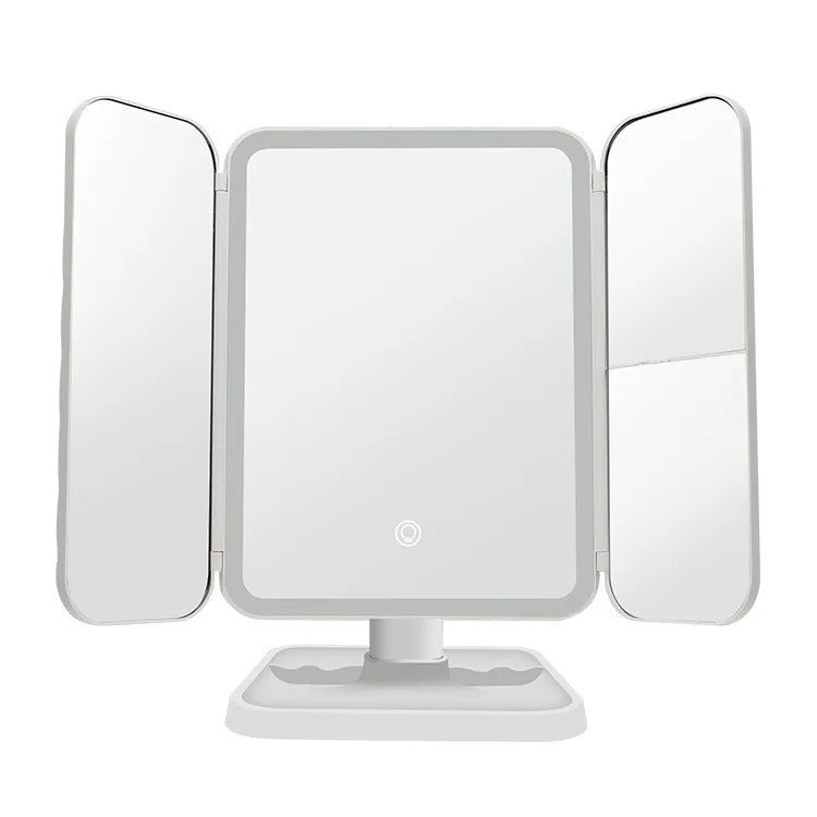 Glamlit lighted trifold mirror with LED lights for flawless makeup application, perfect for any vanity or travel.