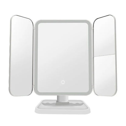 Glamlit lighted trifold mirror with LED lights for flawless makeup application, perfect for any vanity or travel.