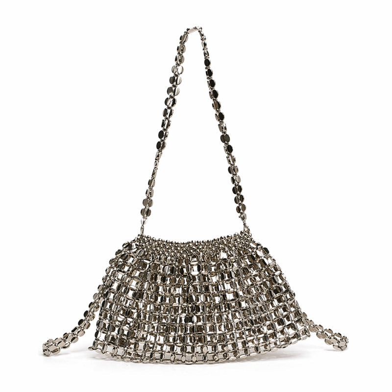 Glamorous mirrored mesh evening shoulder bag for women. Perfect party clutch & special occasion accessory.