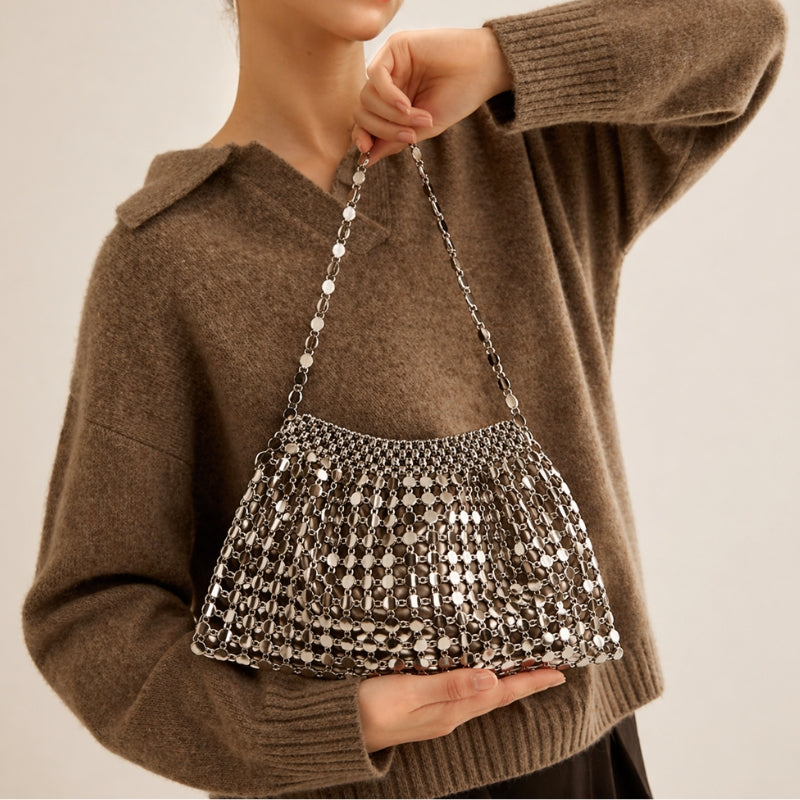 Stylish mirrored mesh women's shoulder bag, also works as an elegant evening clutch. Perfect for parties.