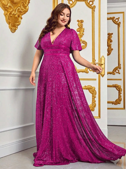 Glamorous plus-size women's sequin maxi evening gown, perfect for formal events & special occasions.