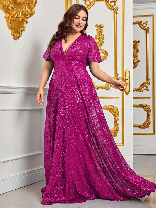 Glamorous plus-size women's sequin maxi evening gown, perfect for formal events & special occasions.