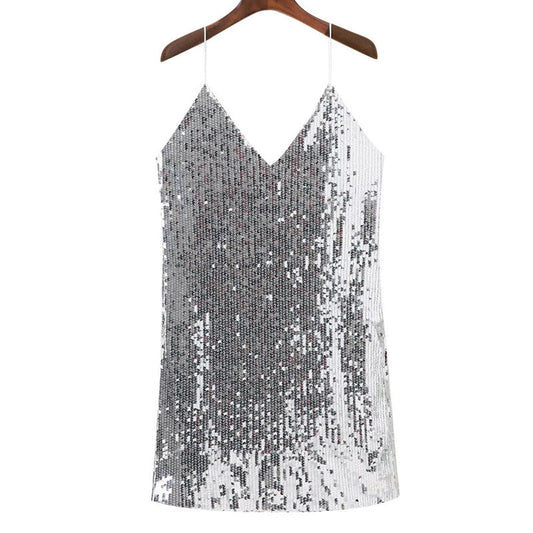 Glamorous silver sequined mini party dress for women. Perfect short cocktail or evening wear for special occasions.