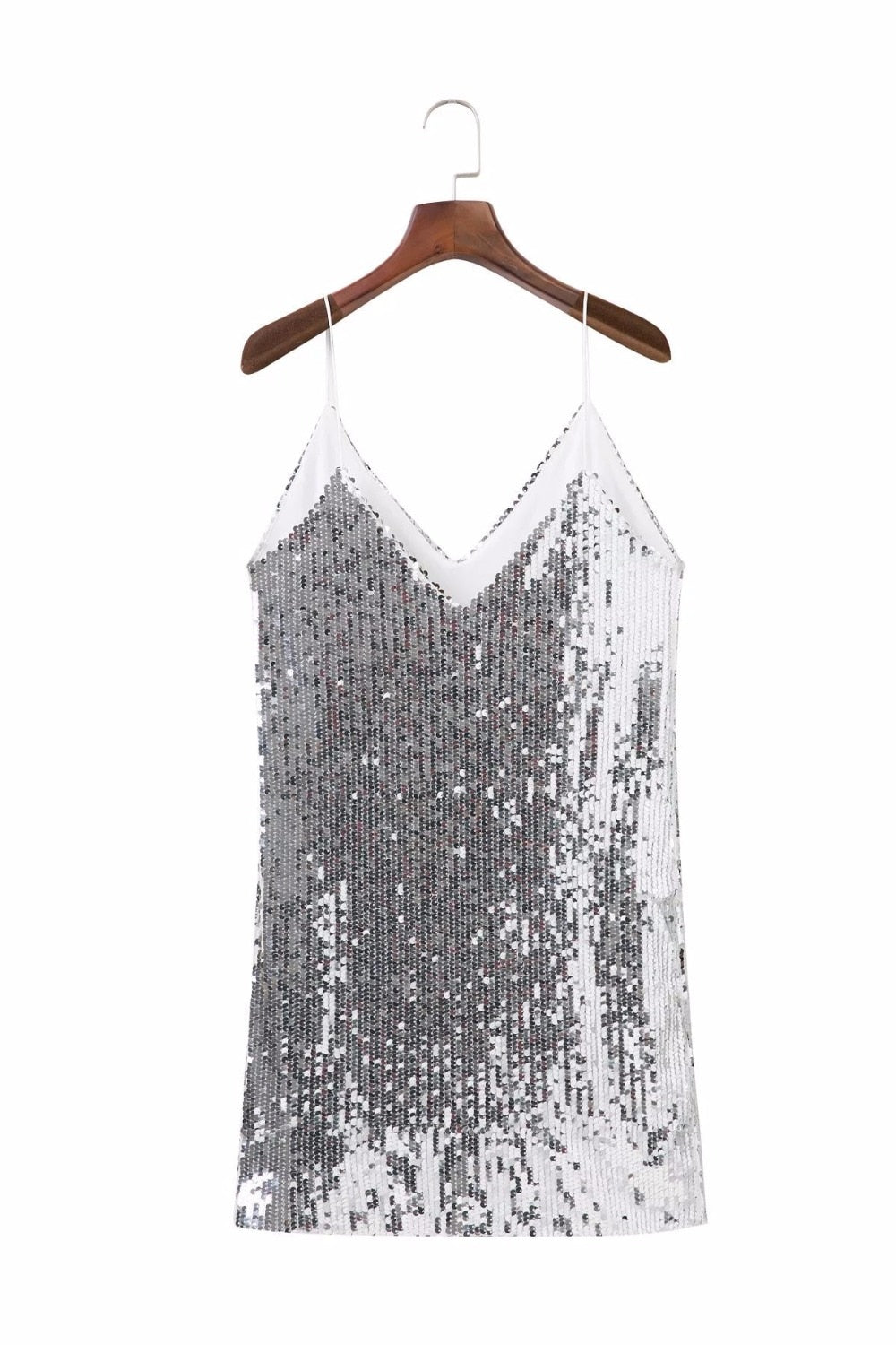 Sparkling silver sequin mini dress, a stylish party dress for women. Ideal for glamorous evenings & special events.